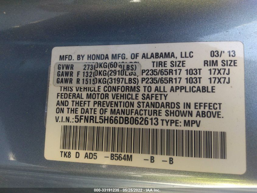 2013 HONDA ODYSSEY EX-L 5FNRL5H66DB062613