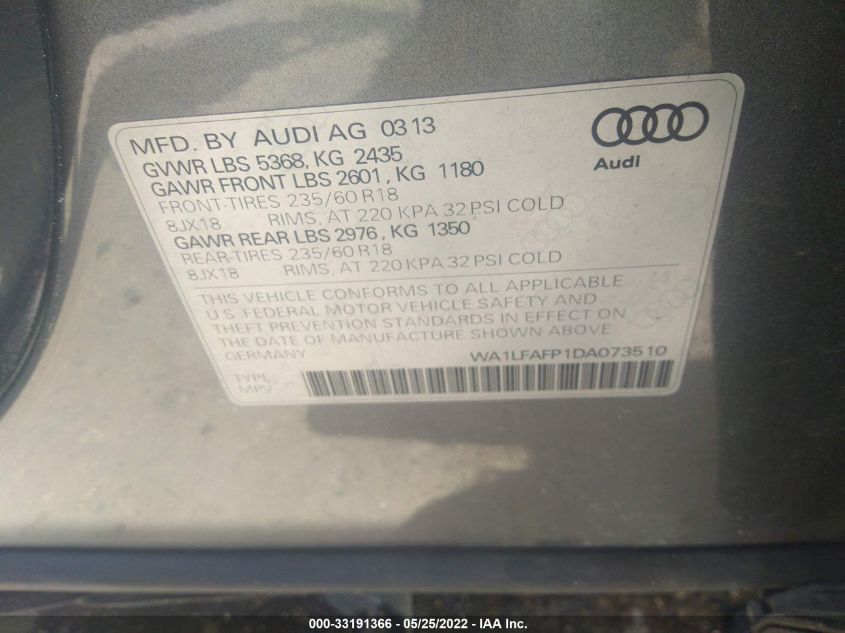 2013 AUDI Q5 PREMIUM PLUS WA1LFAFP1DA073510