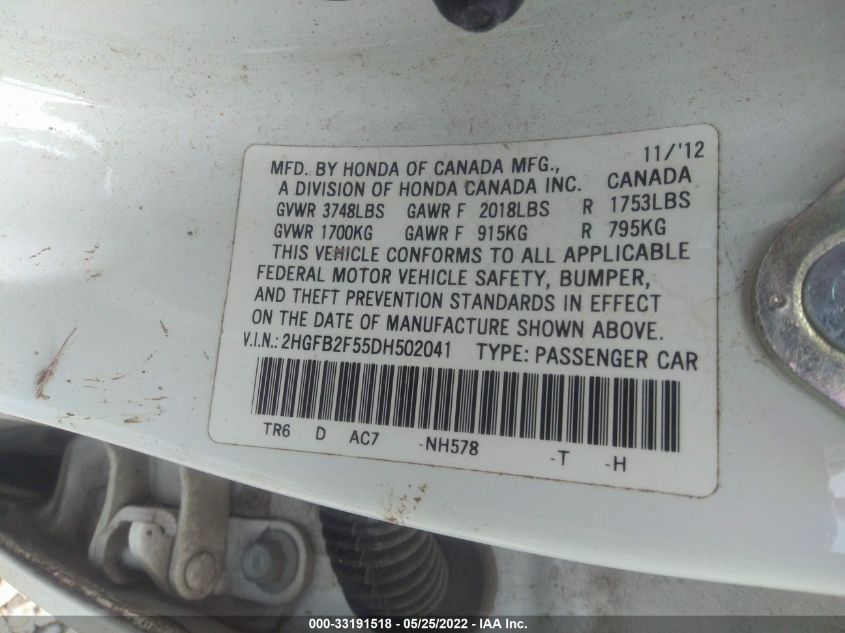 2013 HONDA CIVIC SDN LX 2HGFB2F55DH502041