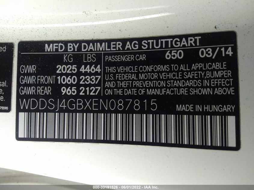 2014 MERCEDES-BENZ CLA-CLASS CLA 250 WDDSJ4GBXEN087815