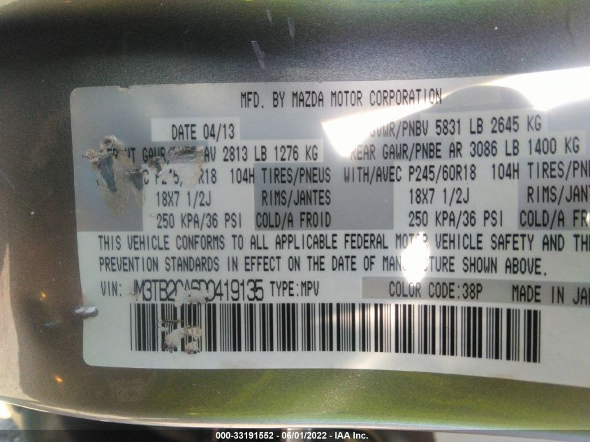 2013 MAZDA CX-9 TOURING JM3TB2CA6D0419135