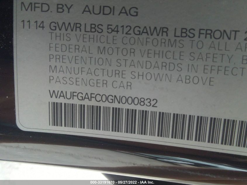 2016 AUDI A6 3.0T PREMIUM PLUS WAUFGAFC0GN000832