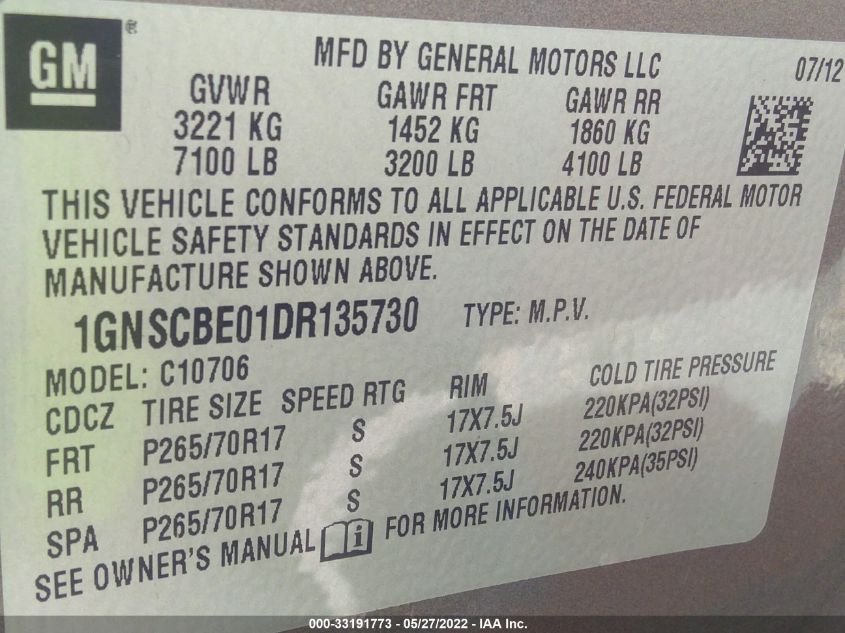 2013 CHEVROLET TAHOE LT 1GNSCBE01DR135730