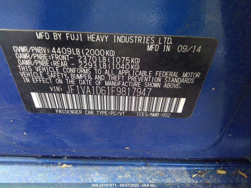 2015 SUBARU WRX PREMIUM JF1VA1D61F9817947