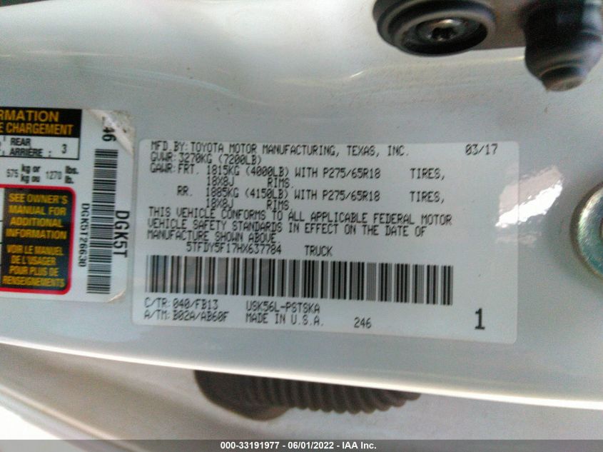 2017 TOYOTA TUNDRA 4WD SR5/TRD PRO 5TFDY5F17HX637784