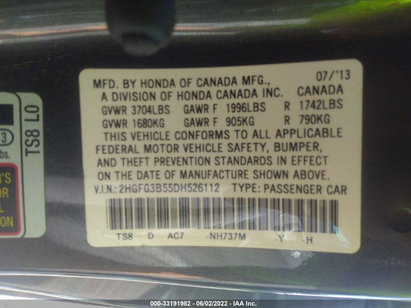 2013 HONDA CIVIC CPE LX 2HGFG3B55DH526112