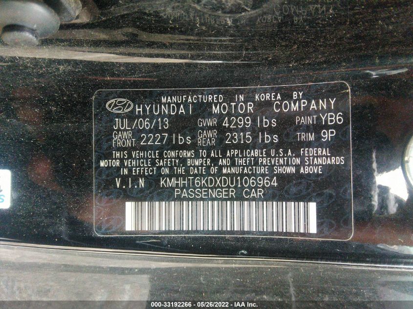 2013 HYUNDAI GENESIS COUPE 2.0T KMHHT6KDXDU106964