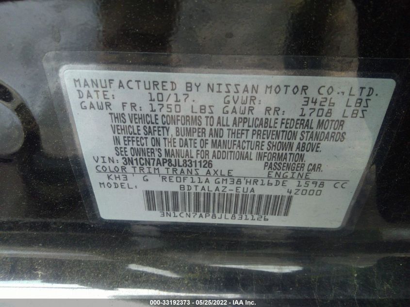 2018 NISSAN VERSA SEDAN S PLUS 3N1CN7AP8JL831126