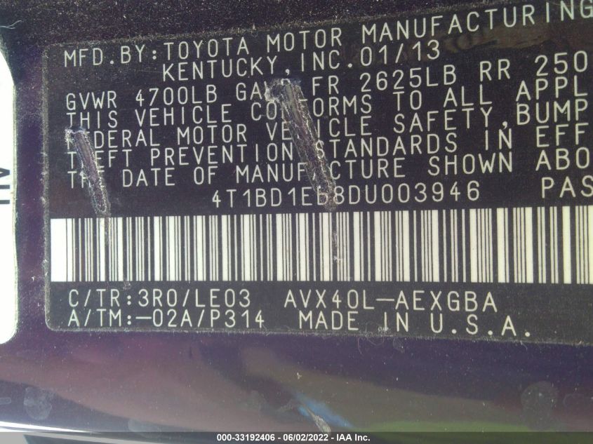 2013 TOYOTA AVALON HYBRID XLE PREMIUM 4T1BD1EB8DU003946