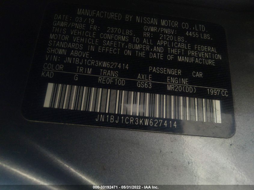 2019 NISSAN ROGUE SPORT SV JN1BJ1CR3KW627414