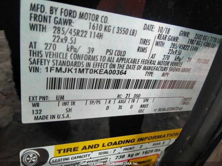 2019 FORD EXPEDITION MAX PLATINUM 1FMJK1MT0KEA00364
