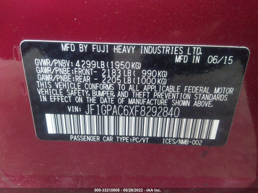 2015 SUBARU IMPREZA WAGON 2.0I PREMIUM JF1GPAC6XF8292840