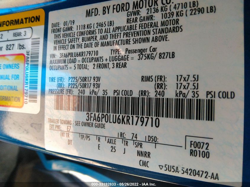 2019 FORD FUSION HYBRID SE 3FA6P0LU6KR179710