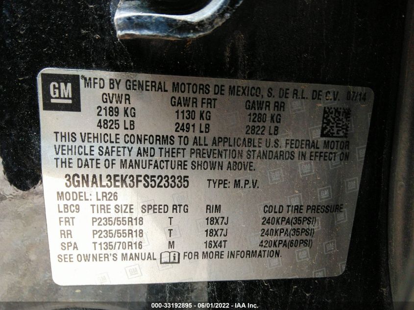 2015 CHEVROLET CAPTIVA SPORT LT 3GNAL3EK3FS523335