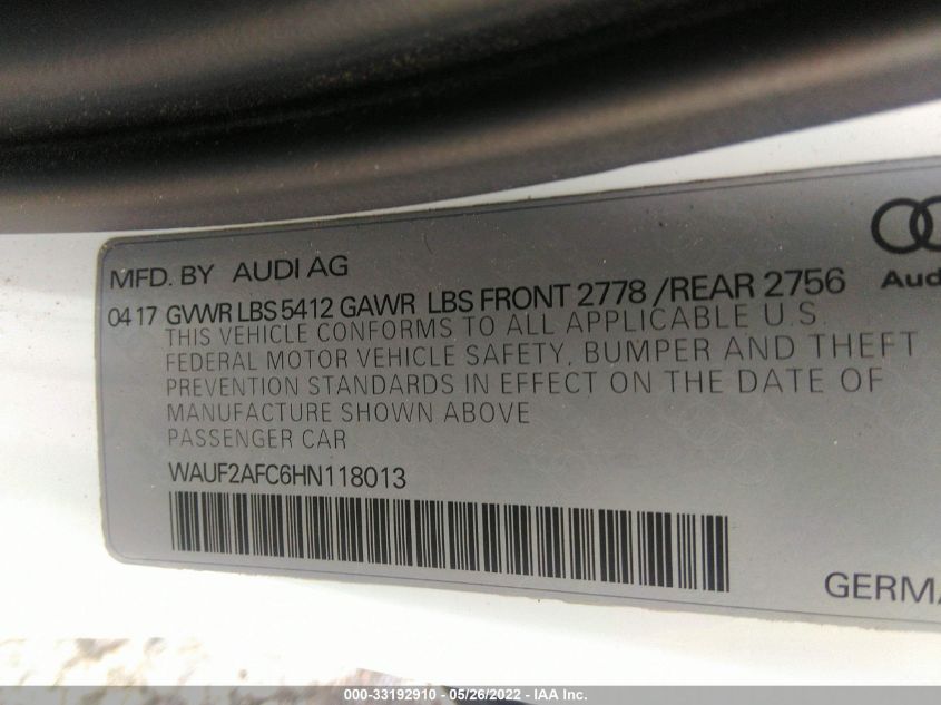 2017 AUDI A6 PREMIUM PLUS WAUF2AFC6HN118013