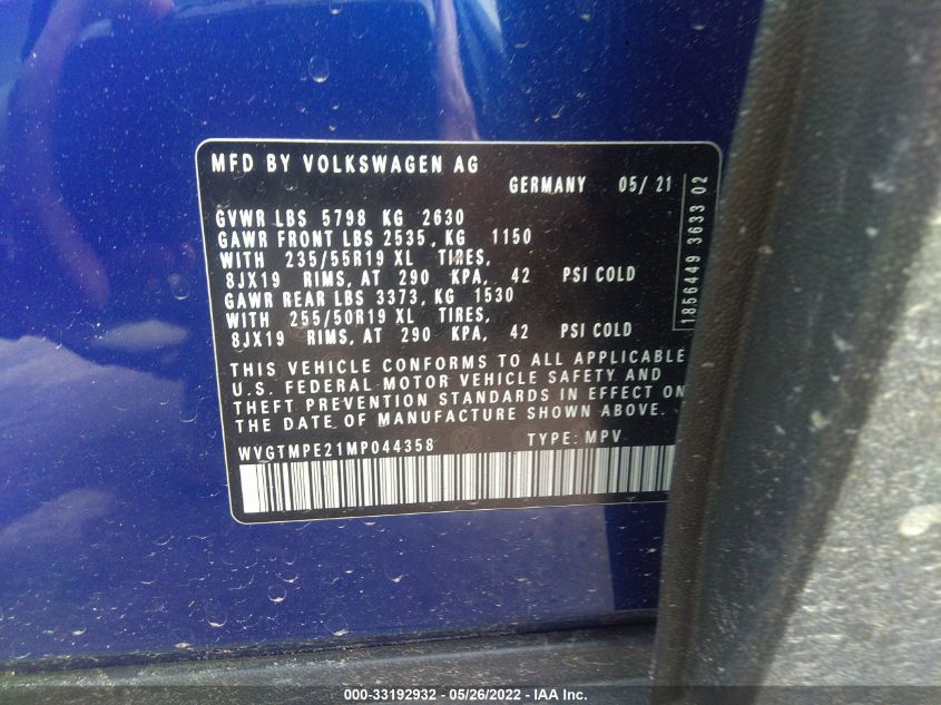 2021 VOLKSWAGEN ID.4 PRO S WVGTMPE21MP044358