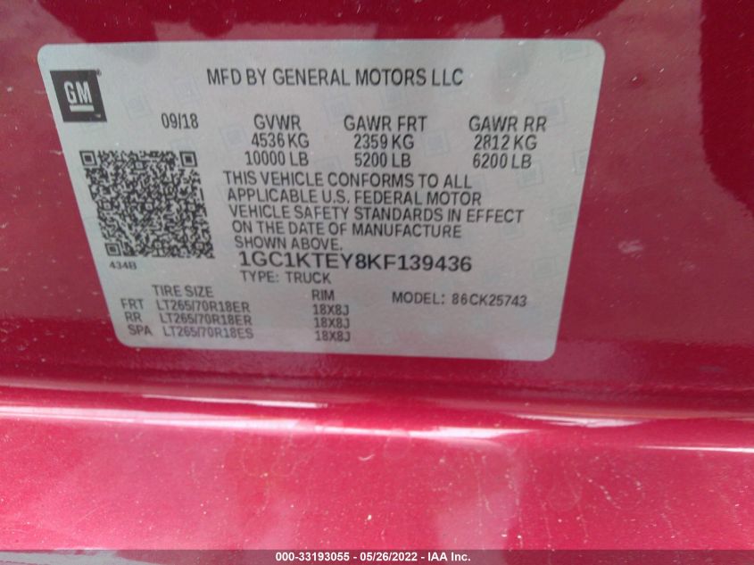 2019 CHEVROLET SILVERADO 2500HD LTZ 1GC1KTEY8KF139436