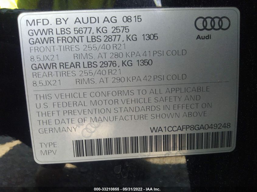 2016 AUDI SQ5 PREMIUM PLUS WA1CCAFP8GA049248