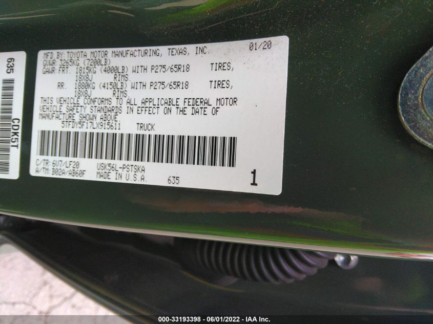 2020 TOYOTA TUNDRA 4WD SR5/TRD PRO 5TFDY5F17LX915611