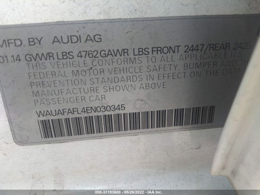 2014 AUDI A4 PREMIUM WAUAFAFL4EN030345