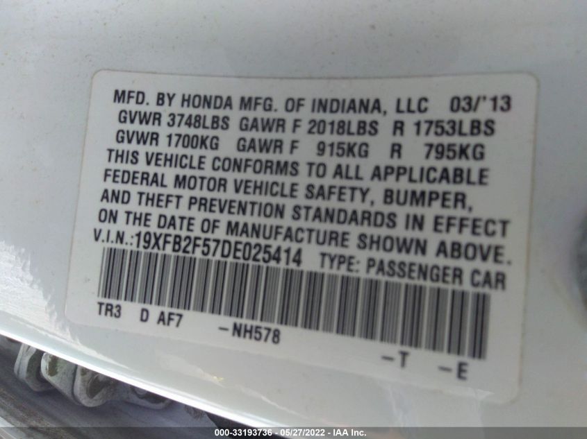 2013 HONDA CIVIC SDN LX 19XFB2F57DE025414