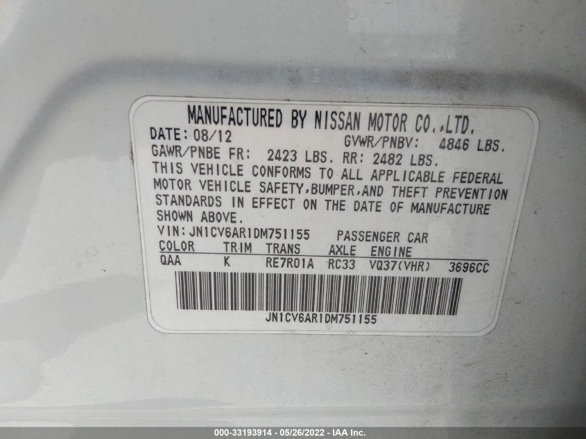 2013 INFINITI G37 SEDAN X JN1CV6AR1DM751155
