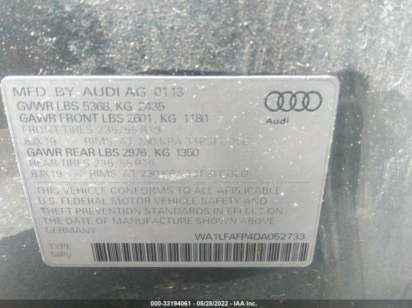 2013 AUDI Q5 PREMIUM PLUS WA1LFAFP4DA052733