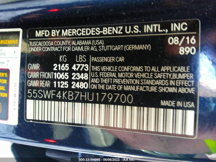 2017 MERCEDES-BENZ C-CLASS C 300 55SWF4KB7HU179700