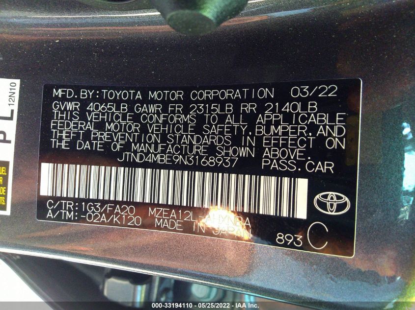 2022 TOYOTA COROLLA HATCHBACK SE/NIGHTSHADE/XSE JTND4MBE9N3168937
