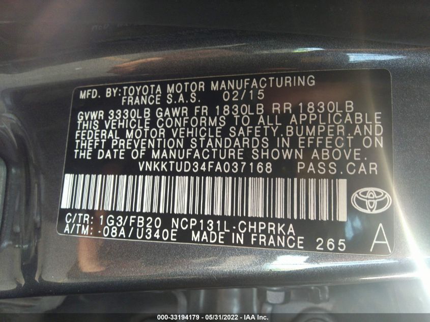 2015 TOYOTA YARIS L/SE/LE VNKKTUD34FA037168