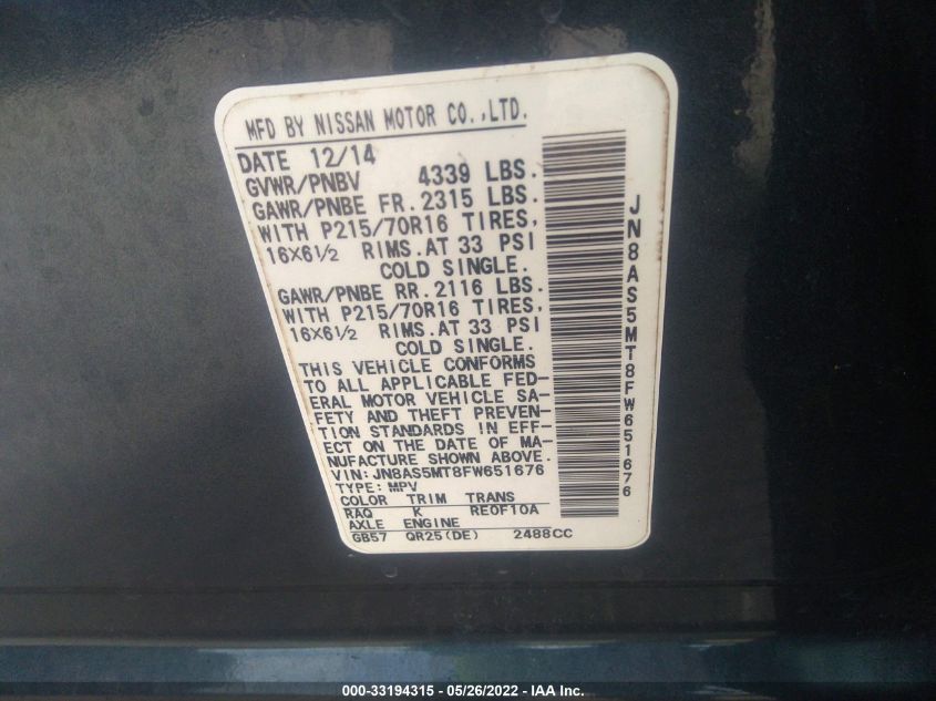 2015 NISSAN ROGUE SELECT S JN8AS5MT8FW651676