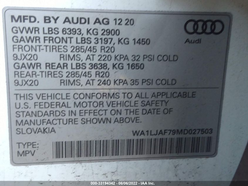 WA1LJAF79MD027503 Audi Q7 PREMIUM PLUS 9