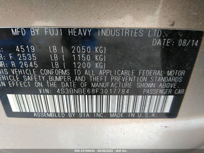 2015 SUBARU LEGACY 2.5I PREMIUM 4S3BNBE68F3017784