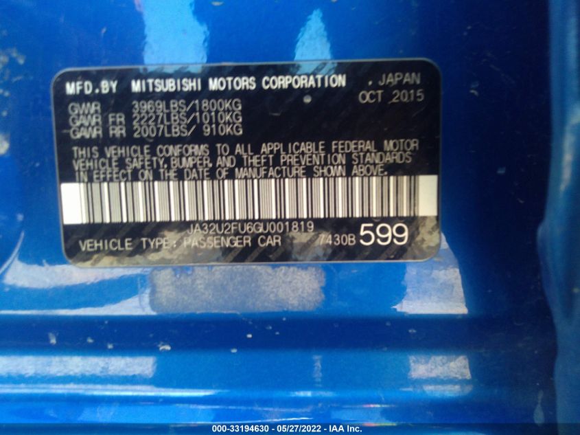 2016 MITSUBISHI LANCER ES JA32U2FU6GU001819