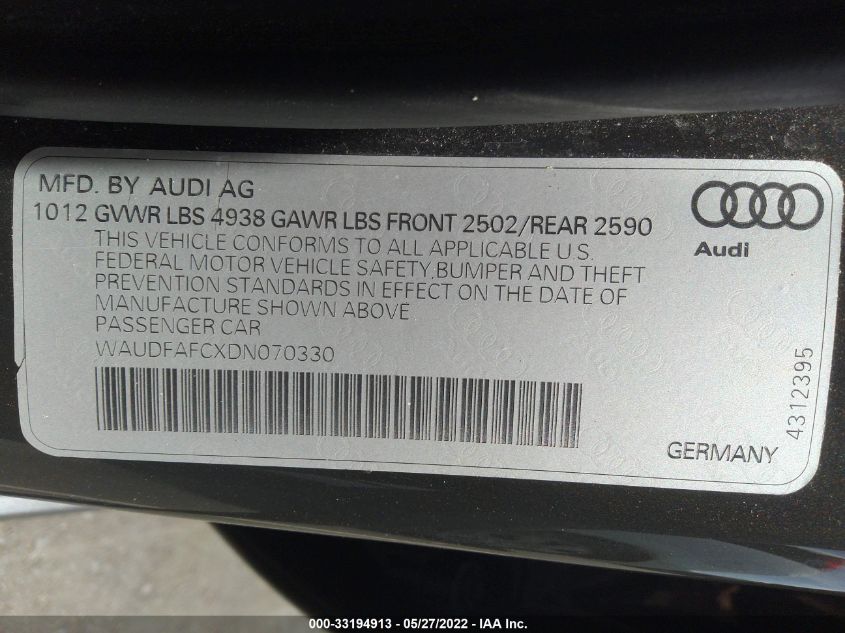 2013 AUDI A6 2.0T PREMIUM PLUS WAUDFAFCXDN070330