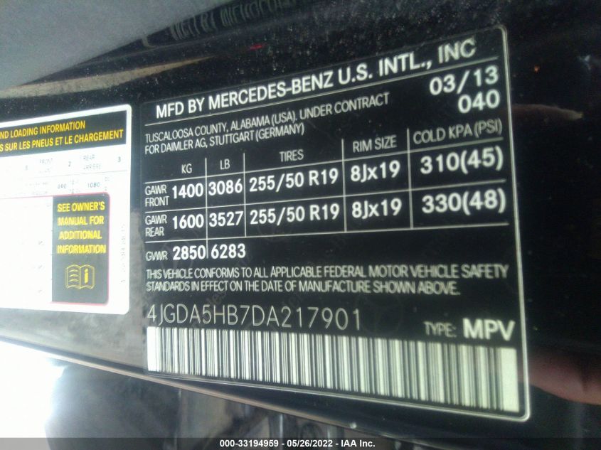2013 MERCEDES-BENZ M-CLASS ML 350 4JGDA5HB7DA217901