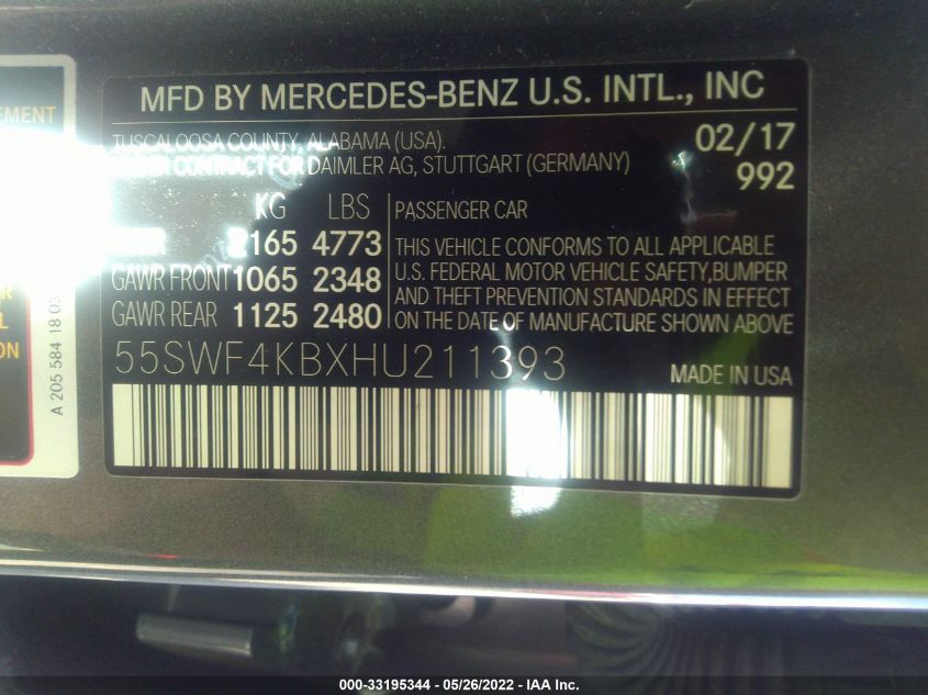 2017 MERCEDES-BENZ C-CLASS C 300 55SWF4KBXHU211393