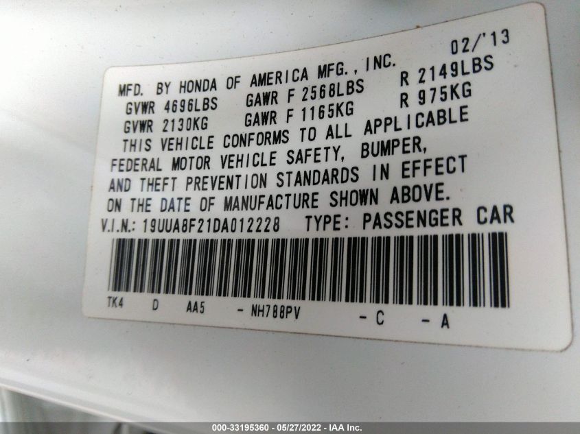 2013 ACURA TL 19UUA8F21DA012228