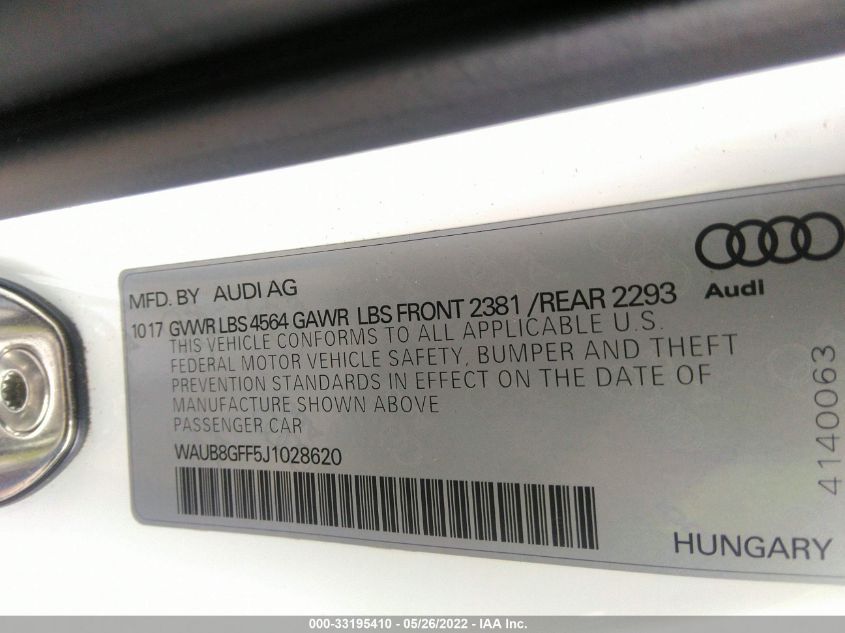 2018 AUDI A3 SEDAN PREMIUM/TECH PREMIUM WAUB8GFF5J1028620