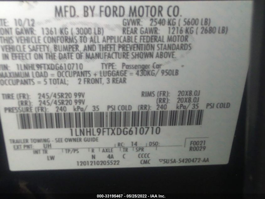 2013 LINCOLN MKS ECOBOOST 1LNHL9FTXDG610710