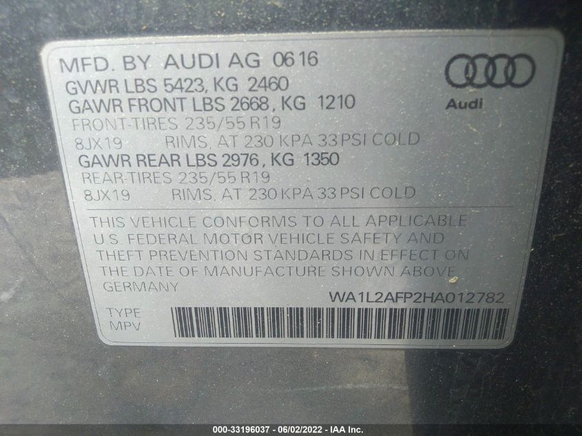 2017 AUDI Q5 PREMIUM PLUS WA1L2AFP2HA012782
