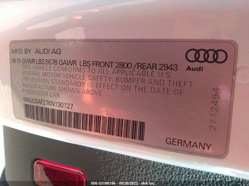 2019 AUDI A7 PREMIUM PLUS WAUU2AF27KN130127