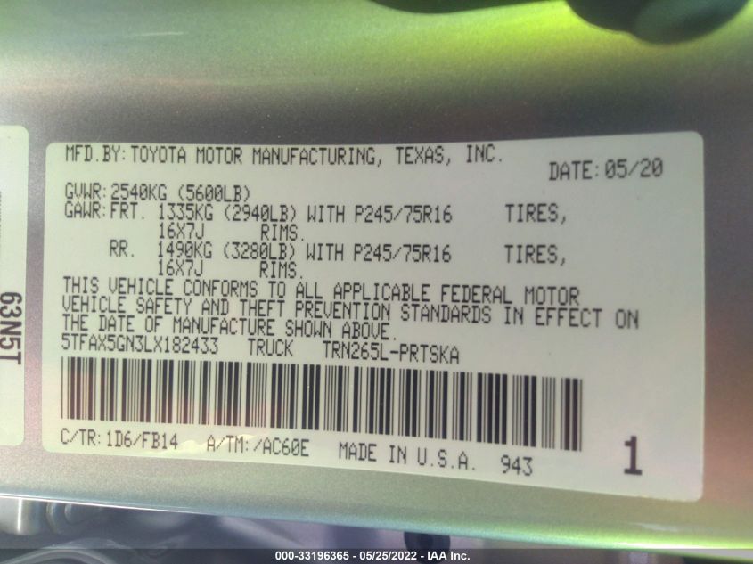 2020 TOYOTA TACOMA 2WD SR/SR5 5TFAX5GN3LX182433