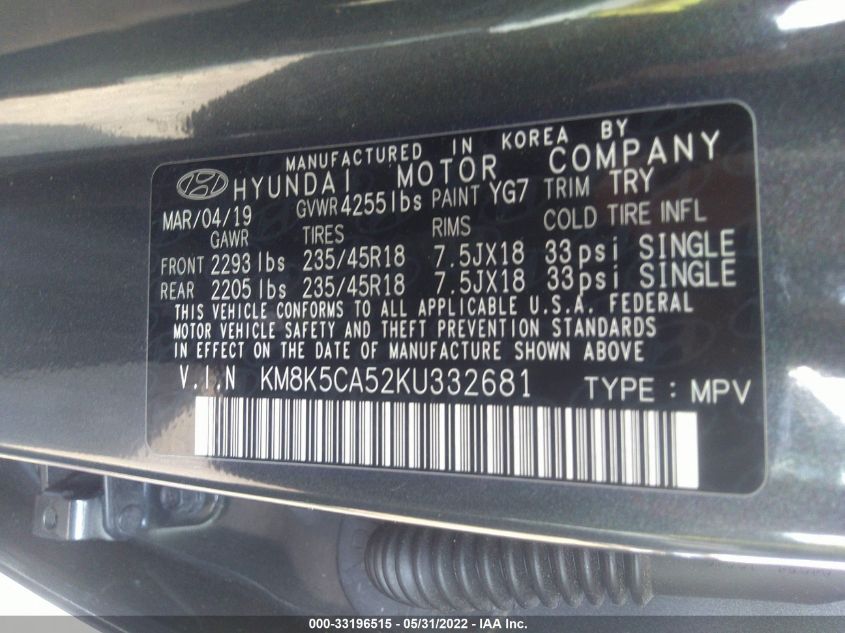 2019 HYUNDAI KONA ULTIMATE KM8K5CA52KU332681