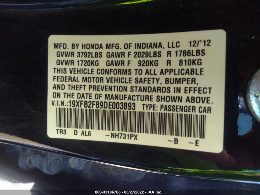 2013 HONDA CIVIC SDN EX 19XFB2F89DE003893