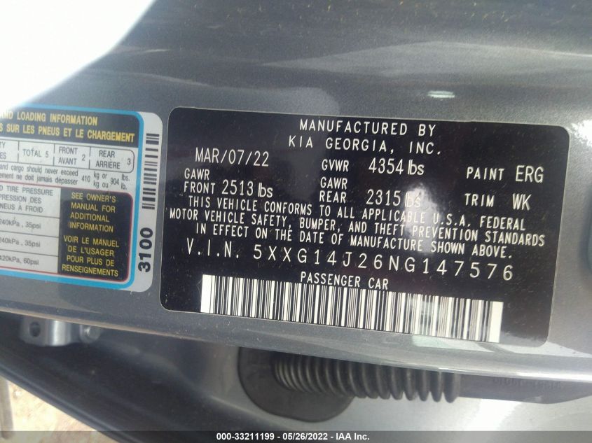 2022 KIA K5 LXS 5XXG14J26NG147576