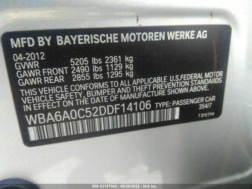 2013 BMW 6 SERIES 640I WBA6A0C52DDF14106