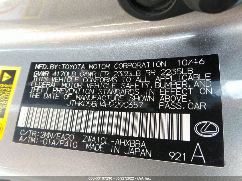 2017 LEXUS CT CT 200H JTHKD5BH4H2290657