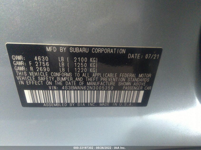 2022 SUBARU LEGACY LIMITED 4S3BWAN62N3005359
