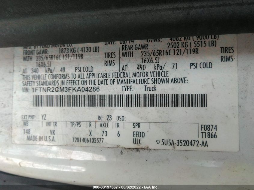2015 FORD TRANSIT CARGO VAN 1FTNR2CM3FKA04286